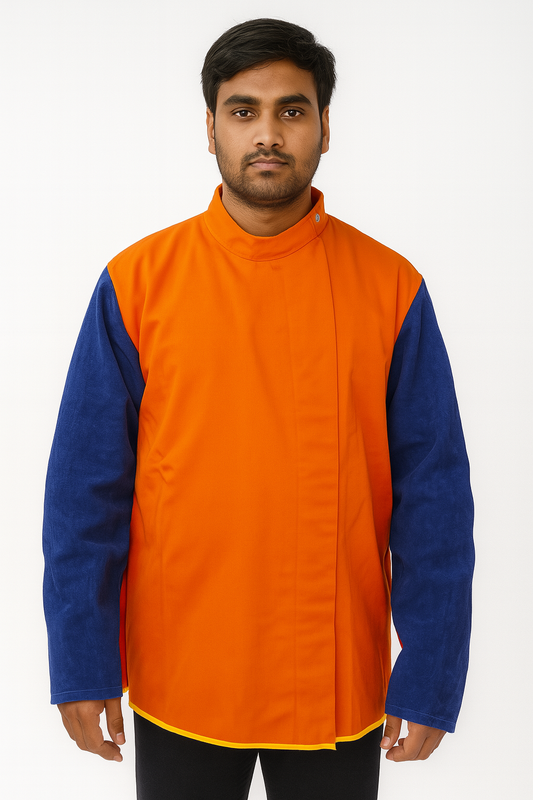 Flame Retardant Jacket with Leather Sleeves – Dual Protection for Welding & Foundry Work
